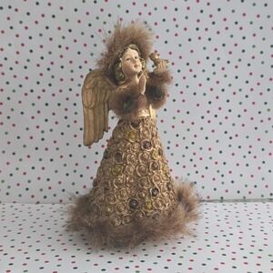 Cracker Barrel Season of Glory Gold Angel with Bird Faux Fur Trim Vintage